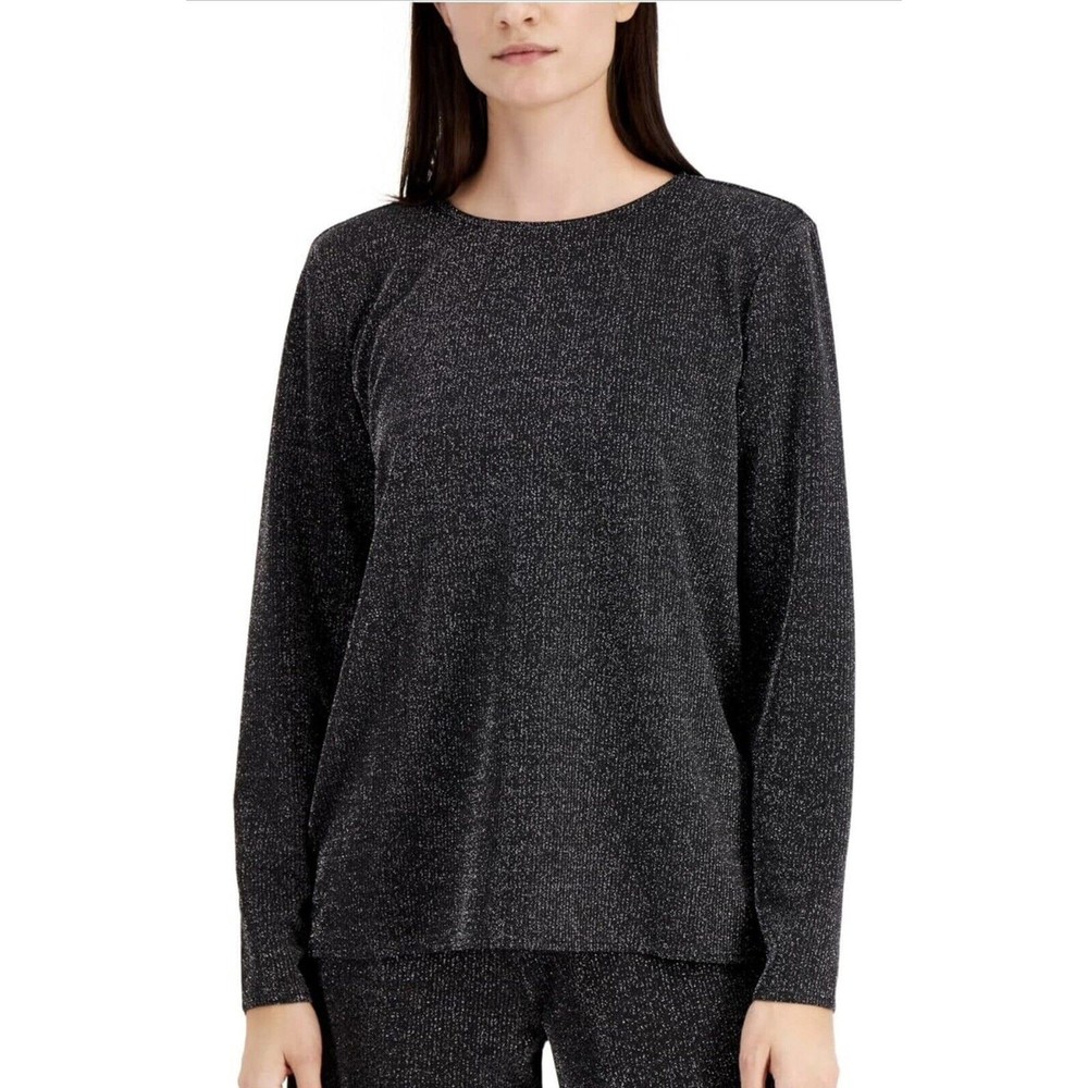 MSRP $70 Alfani Top Petite Medium Metallic Black  Long Sleeve Poly/ Spandex New!
